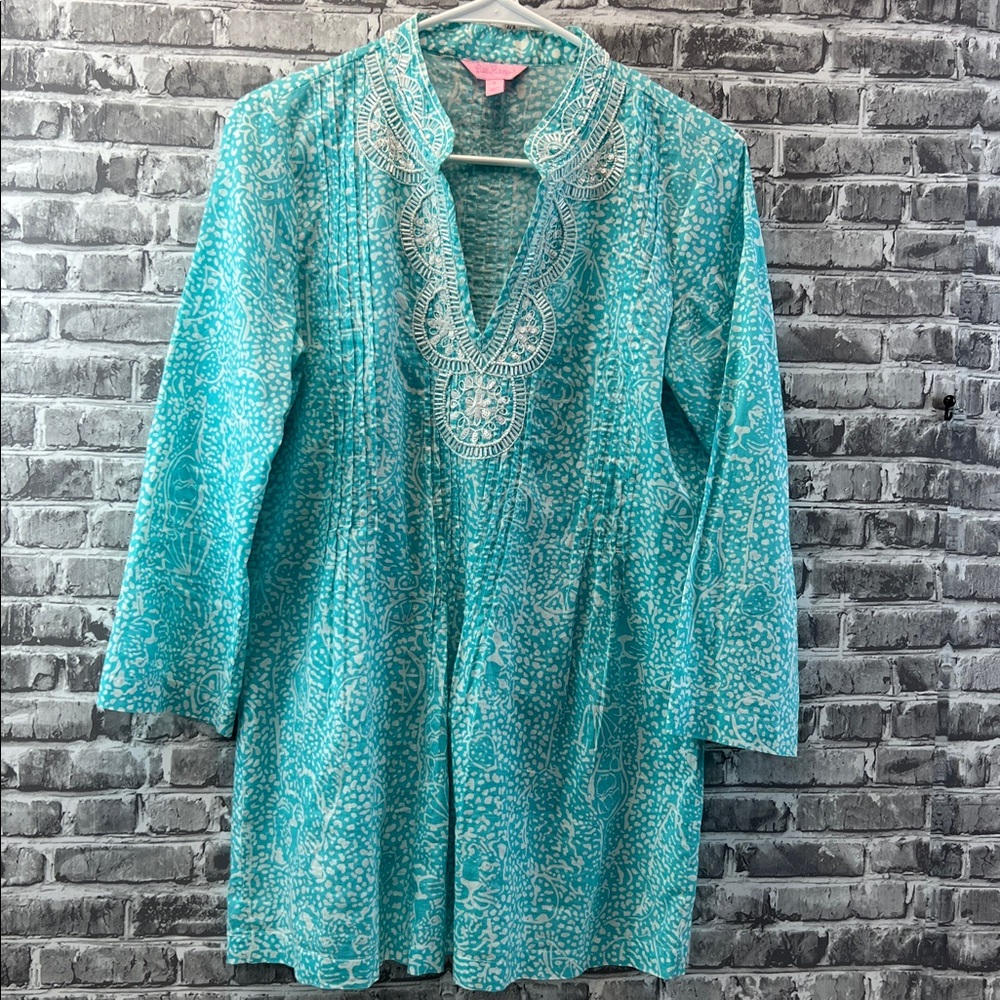 Lilly‎ Pulitzer Teal and White Patterned Blouse